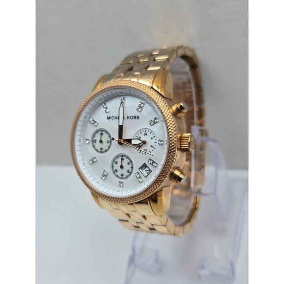 Michael Kors MK5026 Women Rose Gold MOP SS Chronograph Crystal Watch New Battery main image 12